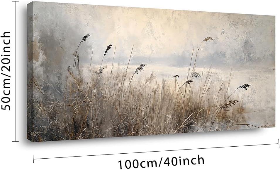 LASMOND Vintage Meadow Wall Art for Living Room Reed Grass Canvas Painting Prints Large Retro Rustic Cottagecore Countryside Landscape Farmhouse Bedroom Artwork Home Decor (40x20 Inches)