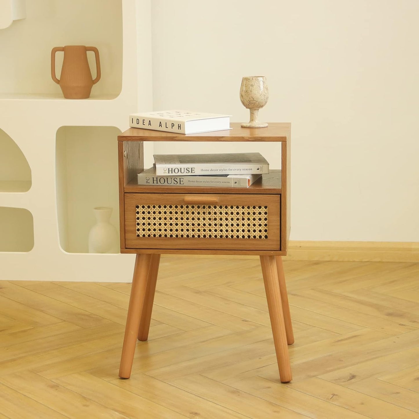 MaxSmeo Mid Century Modern Nightstand with Charging Station, Bedside Tables with Rattan Drawer, Small Wood Nightstand Side Table for Living Room,Bedroom (Brown)