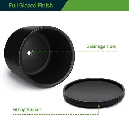 Kazeila 12 Inches Ceramic Planter Pot - Saucer and Drainage Hole - Full Glazed - Matte Black