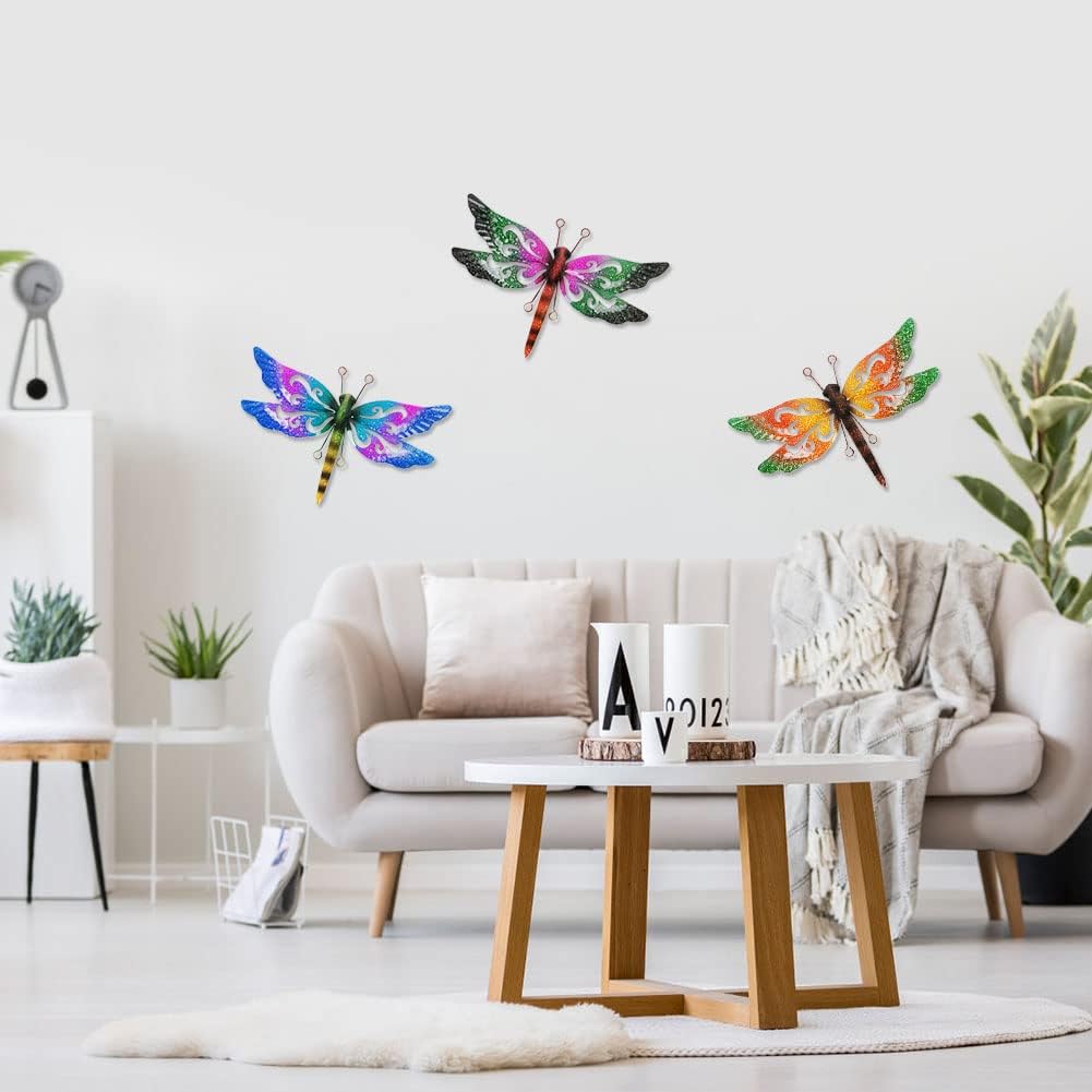 Metal Dragonfly Wall Decor, 3 Pack Colorful Dragonfly Outdoor Decor, Metal Outdoor Wall Art for Garden, Patio, Yard, Fence, Outside
