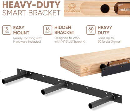 Homeforia Walnut 60 inch Floating Shelf, High End Solid Real Wood 60inch Long Floating Shelf for Wall, Dark Brown Wooden 60in Large Floating Shelves, Heavy Duty Bracket, 60 X 6.5 X 1.75 inch, Set of 2