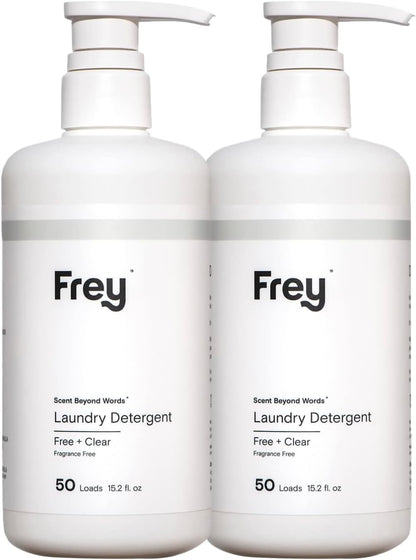 FREY Concentrated Liquid Laundry Detergent | Formulated for Sensitive Skin & HE Washers | Removes Stains Effectively | 50 Loads per Bottle (2-pack Unscented)