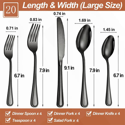 20 Pcs Black Silverware Set for 4 with Simple Striped Handle Design, Food Grade Stainless Steel Flatware Set, Eating Utensils Sets Include Fork/Knife/Spoon, Cutlery Set, Dishwasher Safe