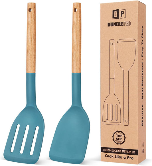 Pack of 2 Silicone Cooking Spatula, Heat Resistant Solid Turner, Non Stick Slotted Spatulas with