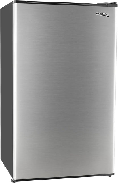 RecPro 3.3 Cu Ft 12V RV Refrigerator | Stainless Steel Frost-Free Fridge with Can Holder | Compact Camper Fridge with Door Storage, 7 Temp Settings | 19”W x 19”D x 32.75”H
