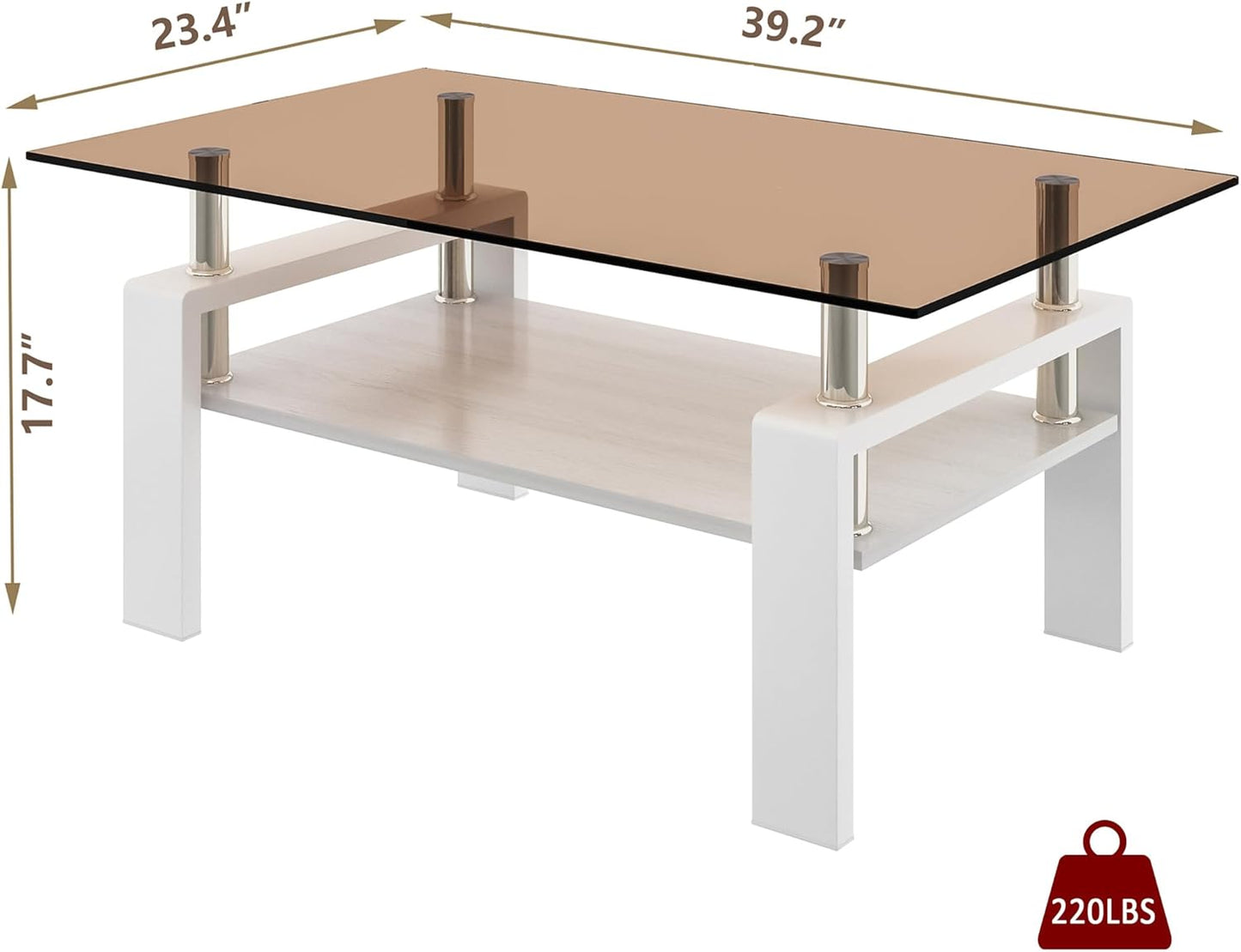 Glass Coffee Table Rectangle Living Room Center Table, with Brown Tempered Glass Tabletop and White MDF Layer,for Living Room and Office, Brown+White