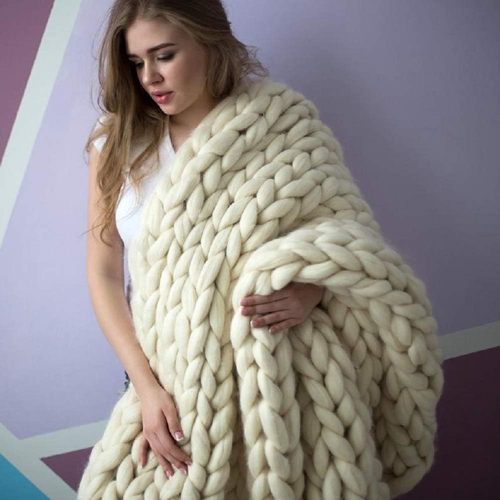 Chunky Knit Blanket Hand Made Merino Wool Throw Boho Bedroom Sofa Home Decor Giant Yarn(Ivory White 40"x47")