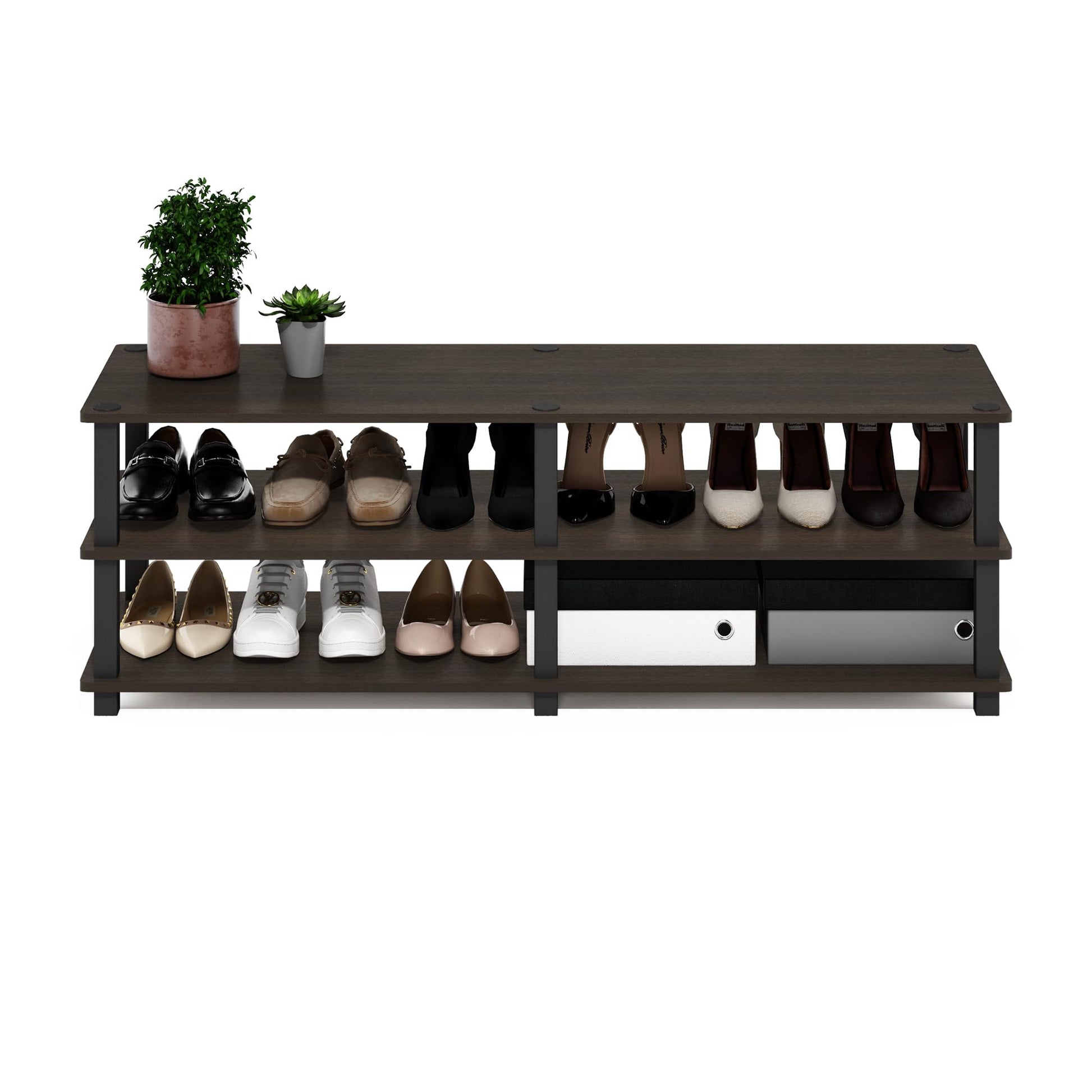 Furinno 14038DBR/BK TST No Tools 3-Tier Wide Shoe Storage Rack, Dark Brown/Black 47 Inch