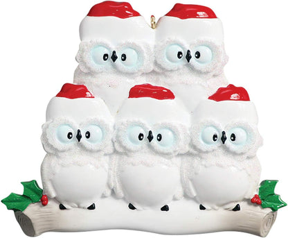 3D Owl Family of 5 Christmas Ornament 2025 Personalized Family Christmas Ornaments 2025 | White Holiday Keepsake Personalized Tree Ornaments Customizable Gifts Woodland Owls of Five Ornament Holly