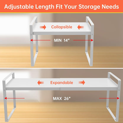Adjustable Kitchen Shelf Organizer 9", (2 Pack) Heavy-Duty Cabinet Shelves for Countertop, Pantry & Microwave, Expandable Space-Saving Storage Rack with Non-Slip Pads, White