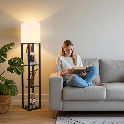 HomeFocus - Floor Lamp with Shelves,Shelf Floor Lamp with LED Bulb,Bookshelf Corner Display Lamp for Living Room,Bedroom and Office,White Linen Shade,Rustic Wood,Black
