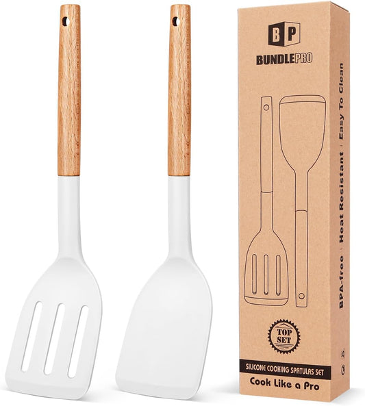 Pack of 2 Silicone Cooking Spatula, Heat Resistant Solid Turner, Non Stick Slotted Spatulas with