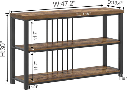 FOLUBAN Industrial Console Table, 3 Tier Entryway Table, Sofa Foyer Table for Living Room Hallway Behind Couch, Rustic Brown