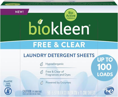 Biokleen Laundry Detergent Sheets - Dye & Fragrance Free, Hypoallergenic, Enzymatic Cleaner, Stain Remover, Bio Active Formula, No Plastic Jug, Unscented, 100 Loads