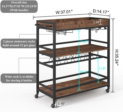 BON AUGURE Bar Cart for The Home, Rolling Home Bar Serving Cart on Wheels, 3 Tier Liquor Beverage Carts with Wine Rack and Glass Holder (Rustic Oak)