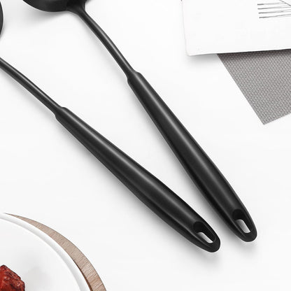 304 Stainless Steel Cooking Utensils,6 Pcs Kitchen Cooking Utensils Set with Spatula, Solid Spoon, Ladle, Skimmer, Spaghetti Spoon,Dishwasher Safe(Black)