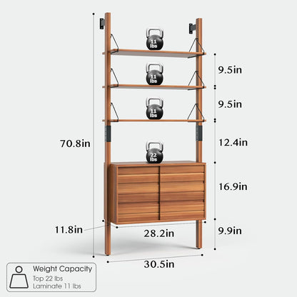 Ladder Bookshelf with Storage Cabinet, Mid Century Modern Wall Mounted Bookcase with Wood and Metal Frame, 6 Tier Open Display Shelves for Living Room, Bedroom, Home Office, Cherry