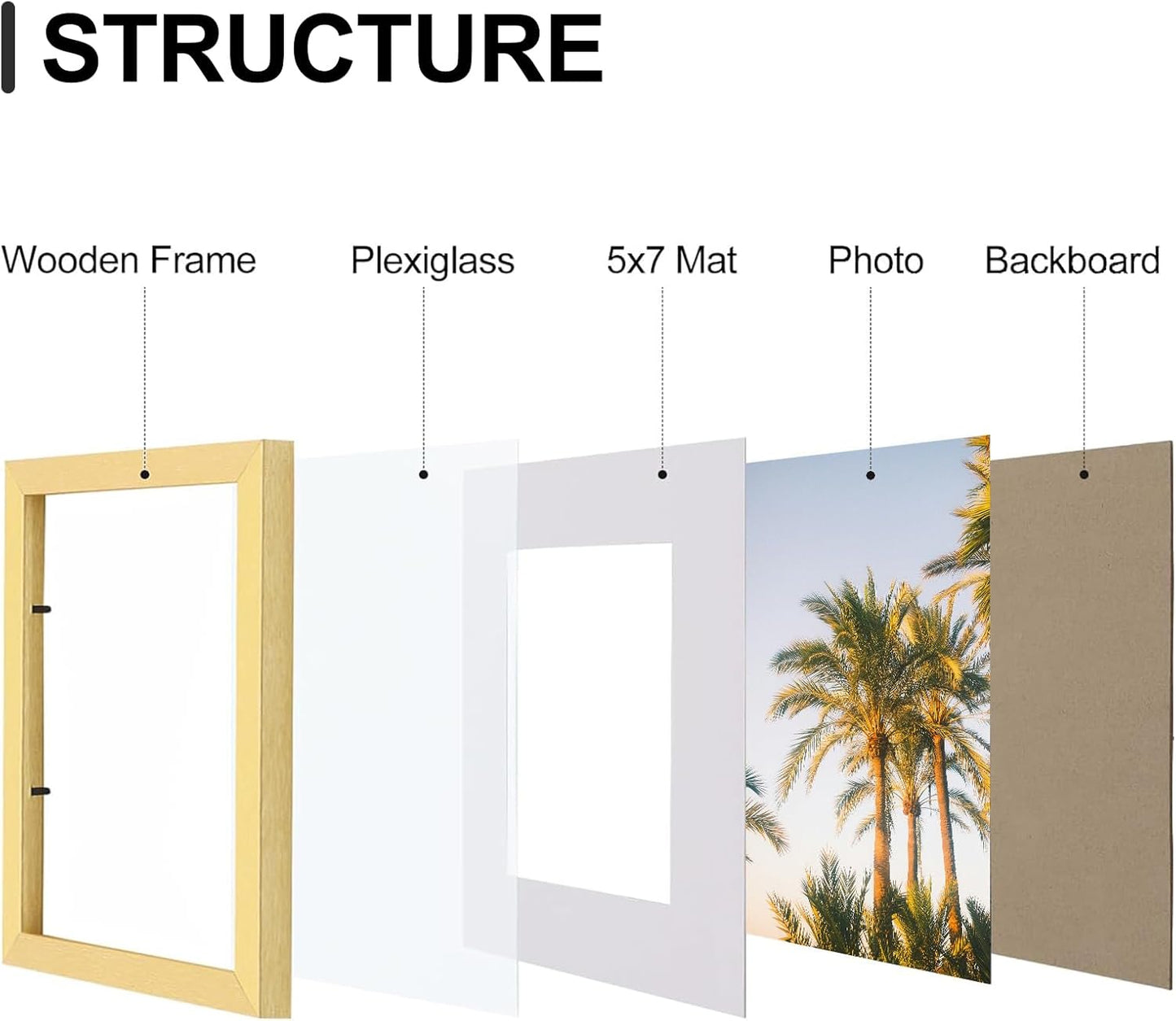 Vittanly 8x10 Picture Frames Set of 9, Shatter Resistant Plexiglass, Display 5x7 Pictures with Mat or 8x10 without Mat, Photo Frames for Wall or Tabletop, Engineered Wood, Gold