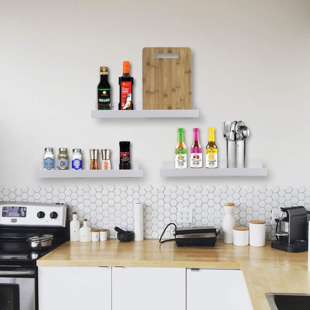 AZSKY White Floating Shelves Wall Mounted Set of 2, 24 Inch Picture Ledge Shelf for Storage Bedroom Bathroom Kitchen Living Room Office Modern Rustic Style Display Shelves (Solid Pine Wood)