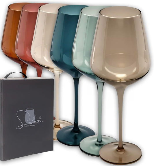 Saludi Colored Wine Glasses, 16.5oz (Set of 6) Stemmed Multi-Color Glass - Great for all Wine Types