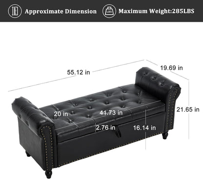 Furniliving 55” End of Bed Bench, Bedroom Bench with Button-Tufted, Large Upholstered Storage Ottoman Benches Entryway Bench with Storage Shoe Cabinet Bench, for Bedroom, Living Room, PU, Black