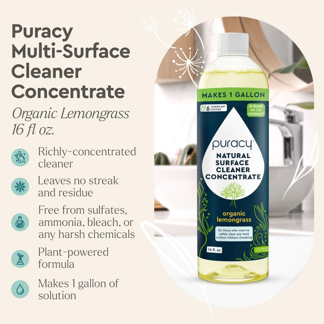 Puracy Multi-Surface Cleaner Concentrate - Plant-Powered Everyday Surface Cleaner - Natural All Purpose Cleaning Solution As Seen on TikTok (Organic Lemongrass, 16 fl oz)