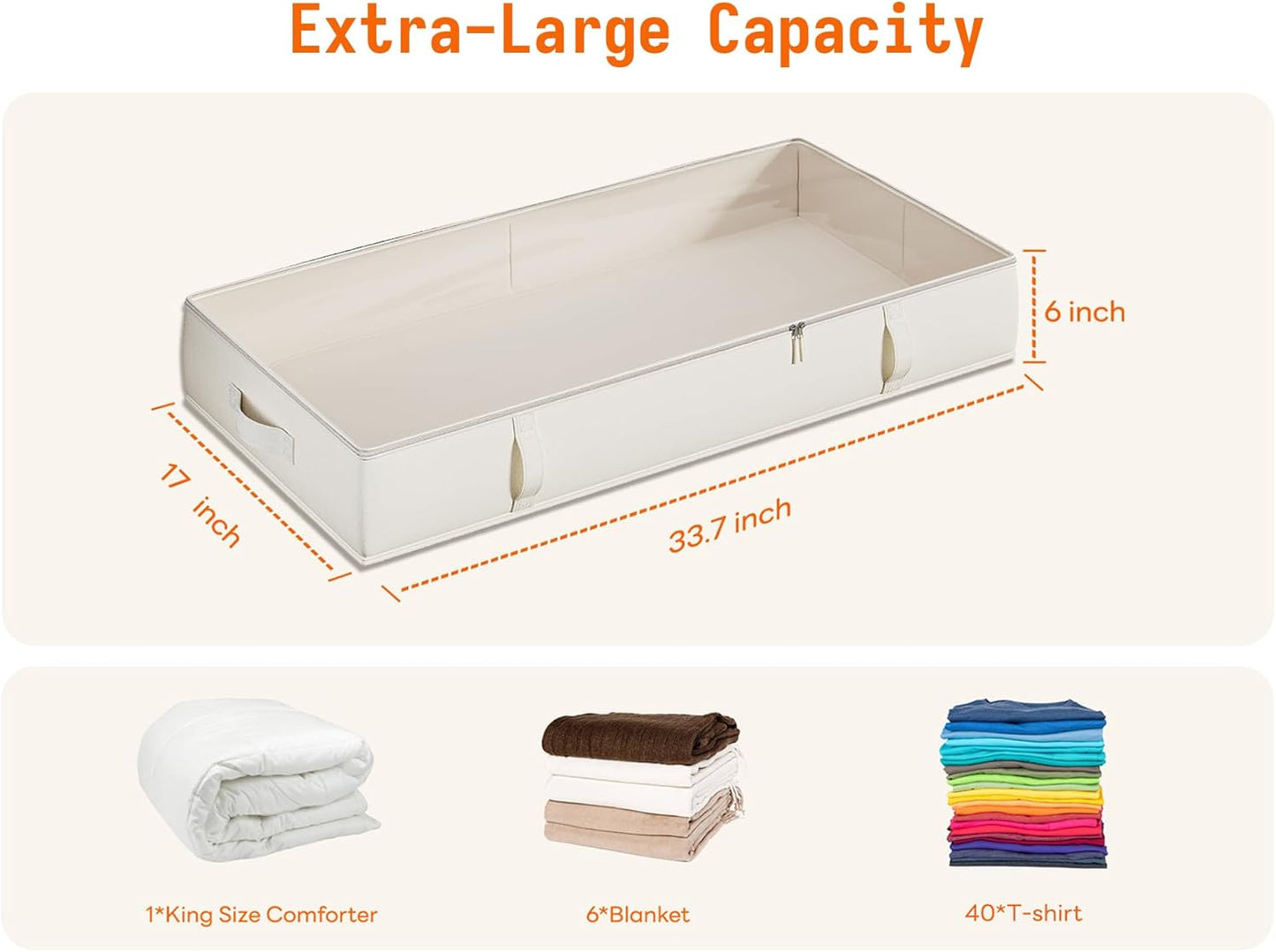 Vailando Under Bed Storage Containers, Underbed Storage Bins with 6 Inches Tall, Clothes Storage Box with Sturdy Handles and Sidewalls, Beige, 2-Pack