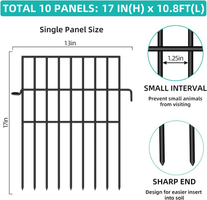 Animal Barrier Fence, 10 Panels No Dig Fences, 17in(H) X 10.8ft(L) Garden Fence Animal Barrier for Rabbits and Dog Under Fencing Barrier, Rustproof Metal Fences Border for Outdoor, Yard, Patio
