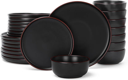 Famiware Mercury 24 Pieces Dinnerware Sets, Plates and Bowls Sets for 8, Microwave and Dishwasher Safe Dish Set, Black