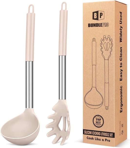 Silicone Pasta Fork and Ladle Spoon Set, Large Non Stick Kitchen Utensils for