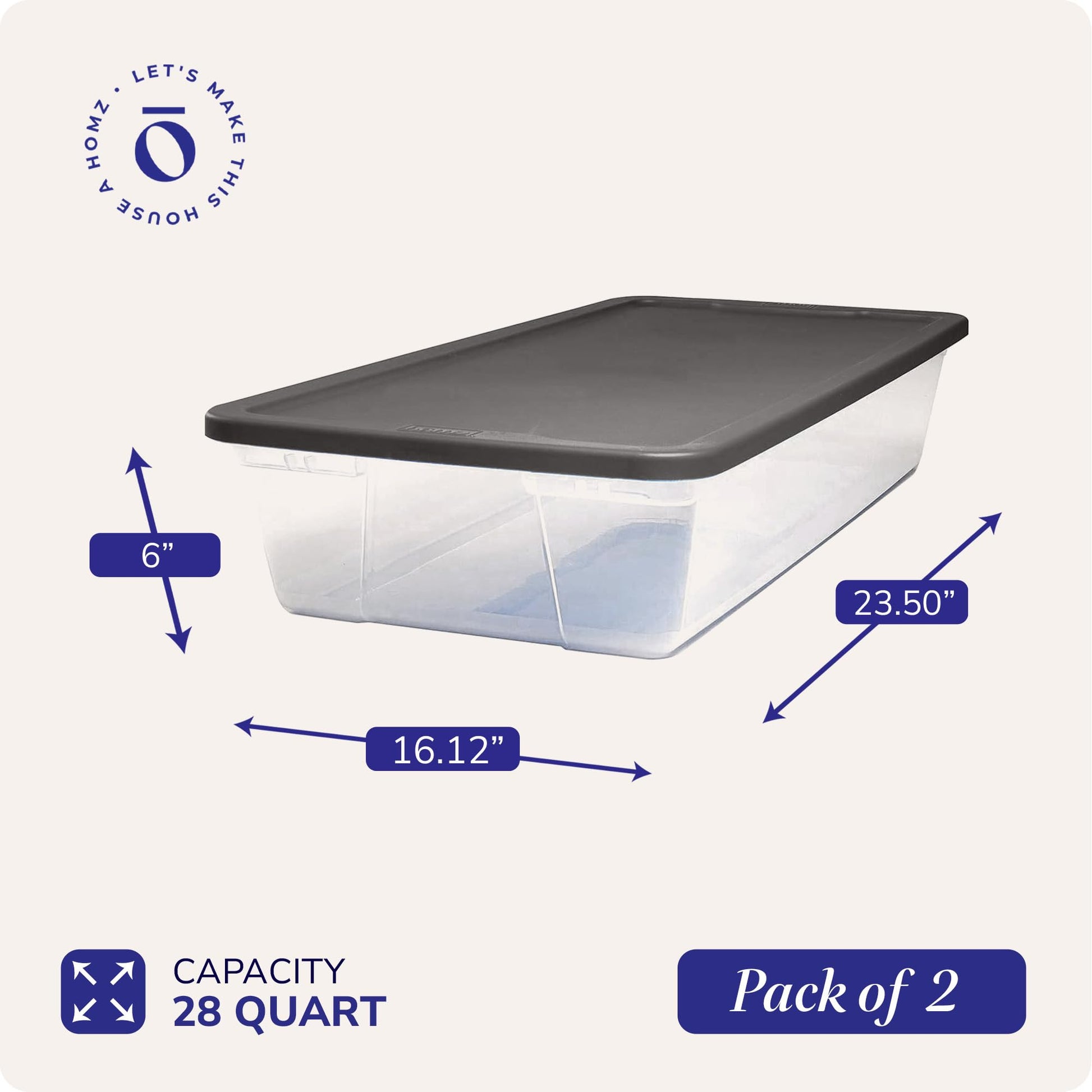 HOMZ Clear Plastic Storage Bins w/Snaplock Lids, 28 Qt, Gray, 2 Pack