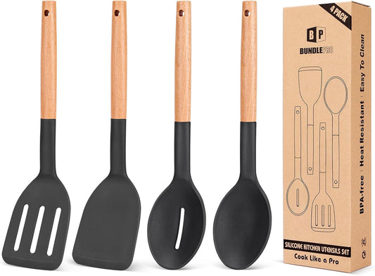 Pack of 4 Silicone Cooking Utensils Set, Non Stick Solid Spatulas and Heat Resistant Slotted Spoons