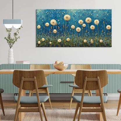 LASMOND Teal Dandelion Wall Art for Living Room Abstract Blowball Canvas Painting Prints Large Flower Floral Grassland Bedroom Decoration Modern Artwork Decor (40x20 Inches)
