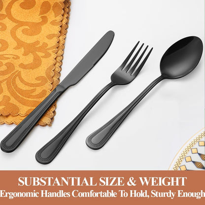 20 Pcs Black Silverware Set for 4 with Pearled Edge Handle design, Food Grade Stainless Steel Flatware Set, Eating Utensils Sets Include Fork/Knife/Spoon, Reusable Cutlery Set, Dishwasher Safe