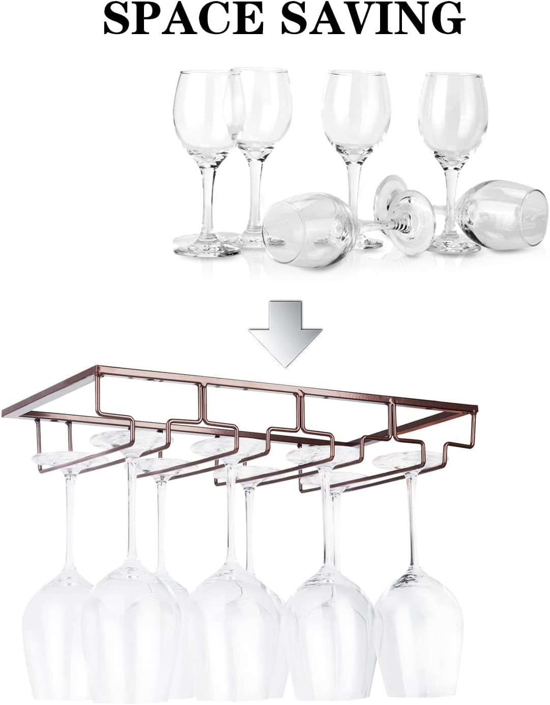 Wine Glass Rack Under Cabinet - Stemware Holder Metal Wine Glass Organizer Glasses Storage Hanger for Bar Kitchen Brown 4 Rows