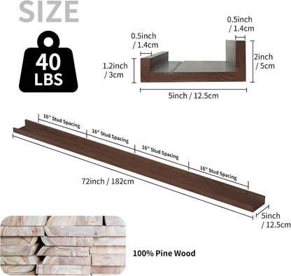 SAUMONIERES Picture Ledge Shelf Floating Book Shelves Set of 2 Wall Mounted Solid Wood for Bedroom Bathroom Living Room Kitchen, 72 Inch Walnut