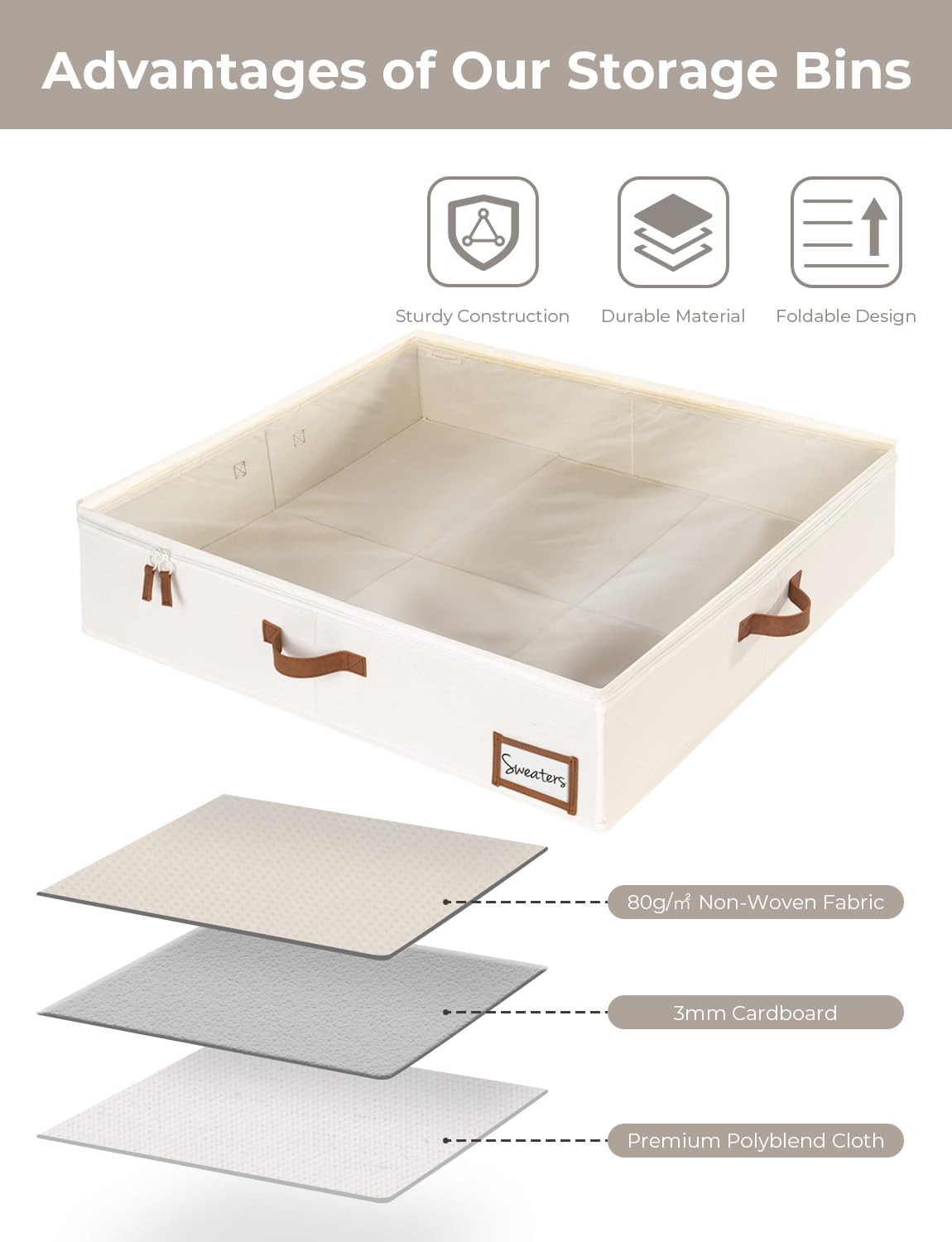 StorageWorks Underbed Storage Box, Under Bed Clothes Organizer With Sturdy Structure and Ultra Thick Fabric, Beige, 30" L x 28" W x 6" H, 2 pack