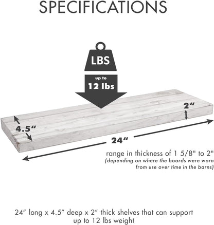 Urban Legacy Reclaimed Barnwood Planks | Floating Shelves for Wall w/Flush Mount Shelf Bracket Set Included | Set of 2 (White Wash, 24"x 4.5"x 2")