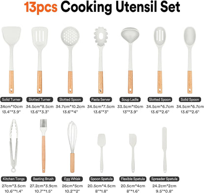Kitchen Utensils Set, 13PCS Silicone Cooking Utensils, Heat Resistant Kitchen Utensil Spatula Set for Nonstick Cookware, Wooden Handles Kitchen Gadgets Tools Set