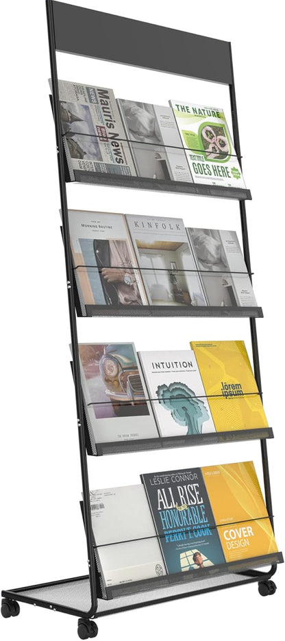 TONGMO Magazine Rack: Floor-Standing 4-Layer with Wheels, Brochure Display Stand, High-hardness metal for Exhibitions, Office, and Any Organization Requiring Information Display(Black)