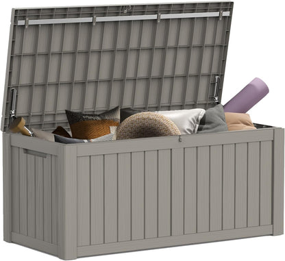 Mars Villa 119 Gallon Outdoor Storage Box Waterproof, Large Resin Deck Box for Pool Supplies Storage, Outdoor Patio Furniture Cushions, with Hydraulic Hinge, UV-Resistant and Weatherproof, Greige