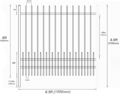 Metal Fence Panels with Dog Pickets, 6ft H x 6.5ft W Galvanized Steel Fence DIY Installation for Outdoor Garden Fence incl. 1 Fence Post, Wrought Iron Style Steel Fence, Black (Upgraded)