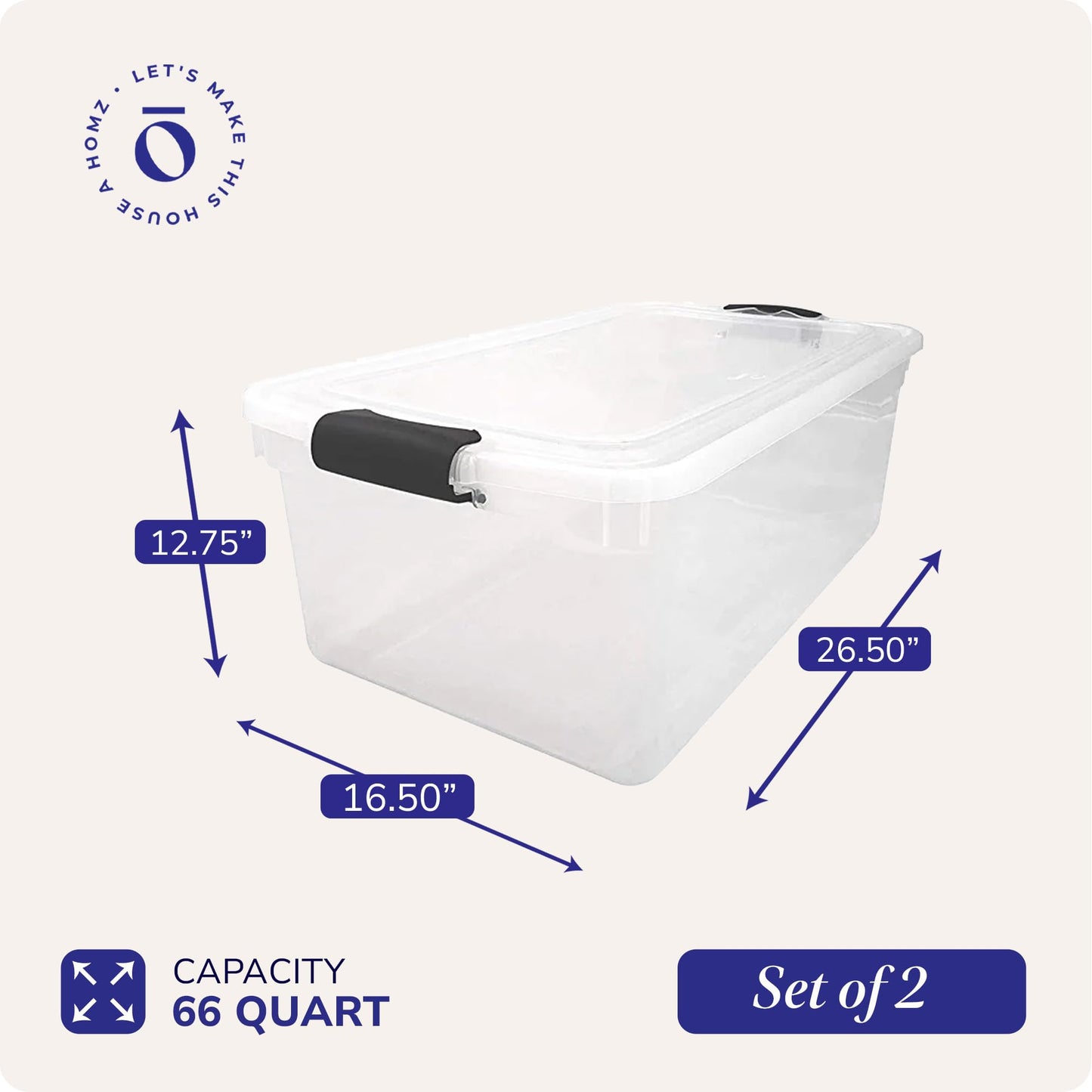 HOMZ Clear Plastic Storage Bins w/Latching Lid, 66 Qt, Gray Latch, 2 Pack