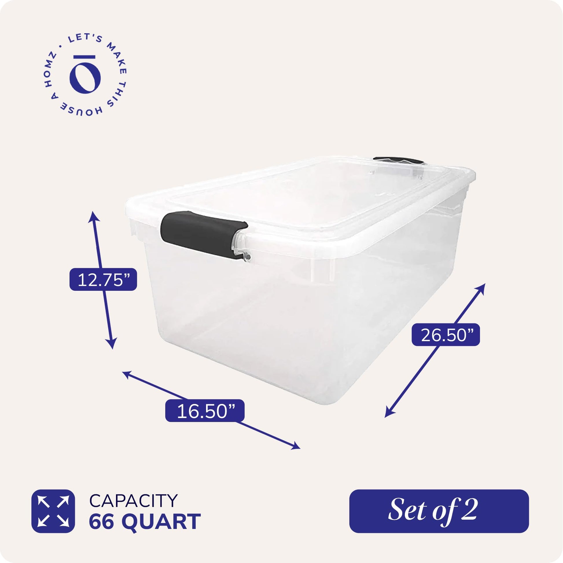 HOMZ Clear Plastic Storage Bins w/Latching Lid, 66 Qt, Gray Latch, 2 Pack