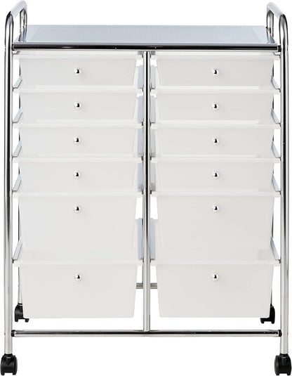 Whitmor 12-Drawer Rolling Storage Cart with Locking Wheels, Plastic Organizer for Crafts, Office