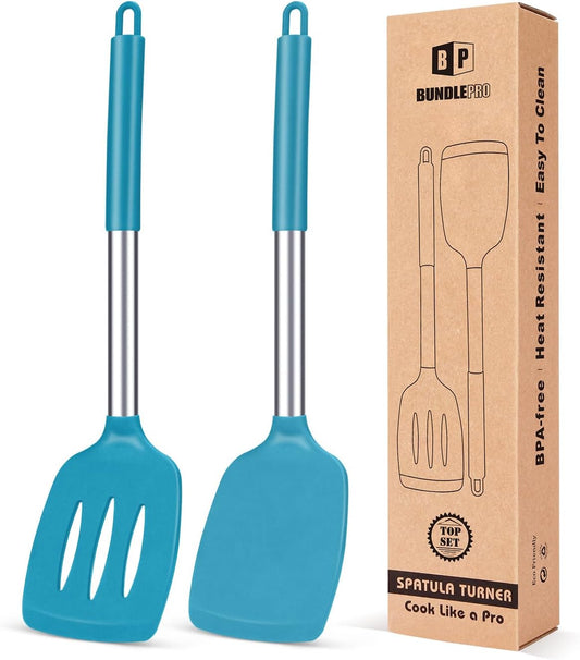 Pack of 2 Silicone Solid Turner, Non Stick Slotted Kitchen Spatulas, High Heat Resistant BPA Free
