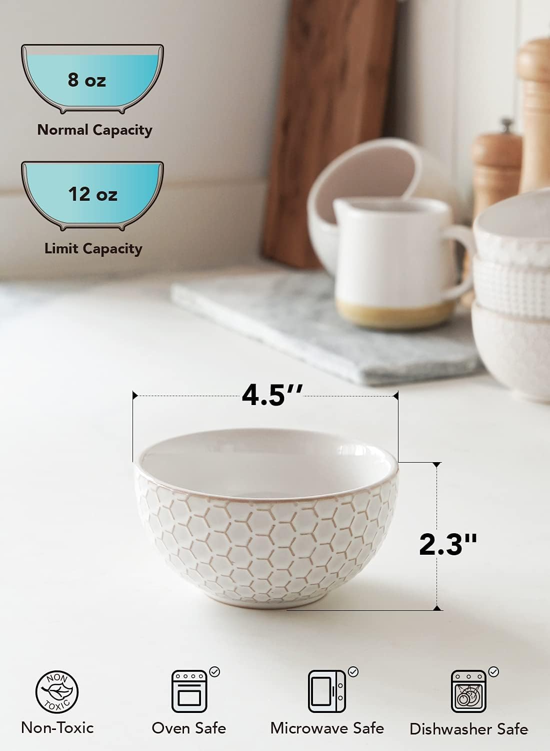 LE TAUCI Small Bowls 12 OZ, Ice Cream Bowl, Ceramic Embossment Stoneware Bowl, Bowls Set for Dessert, Fruits, Side Dishes, Suit For Housewarming - 4.5 Inch, Set of 4, Arctic white