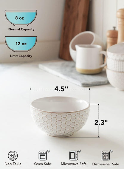 LE TAUCI Small Bowls 12 OZ, Ice Cream Bowl, Ceramic Embossment Stoneware Bowl, Bowls Set for Dessert, Fruits, Side Dishes, Suit For Housewarming - 4.5 Inch, Set of 4, Arctic white