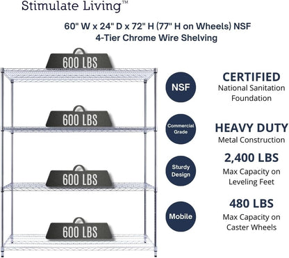 60"x24"x72" PRIME HEAVY DUTY Chrome 4-Tier Wire Shelving NSF 2400 LBS MAX Capacity Storage Rack for Commercial, School, Home, Garage, Warehouse, Industrial, and Hospital Uses (with Wheels)