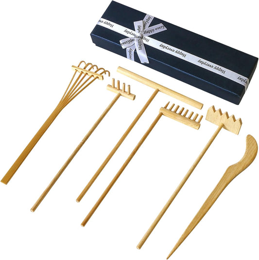 Mini Zen Garden Rake Set 6PCS - Premium Natural Bamboo Sand Rakes with Gift Box - Zen Garden Tools